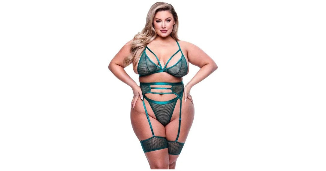 3PCStrappyBraGarter&PantySetGreenQueen