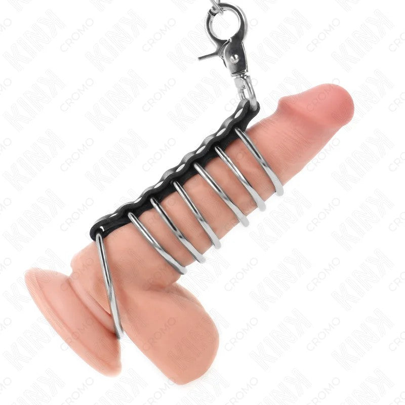 KINK–7PENISRINGEAUSMETALL3,8CMBIS5CMVERBUNDENMITLEDERUNDMETALLKETTE100CM