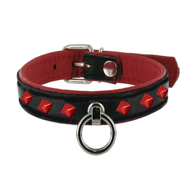 LeatherStuddedO-RingCollar–Red