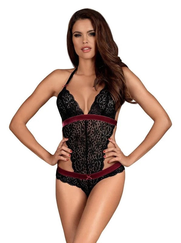 Obsessive–RossitaSpitzen-Bodysuit–Schwarz/Rot