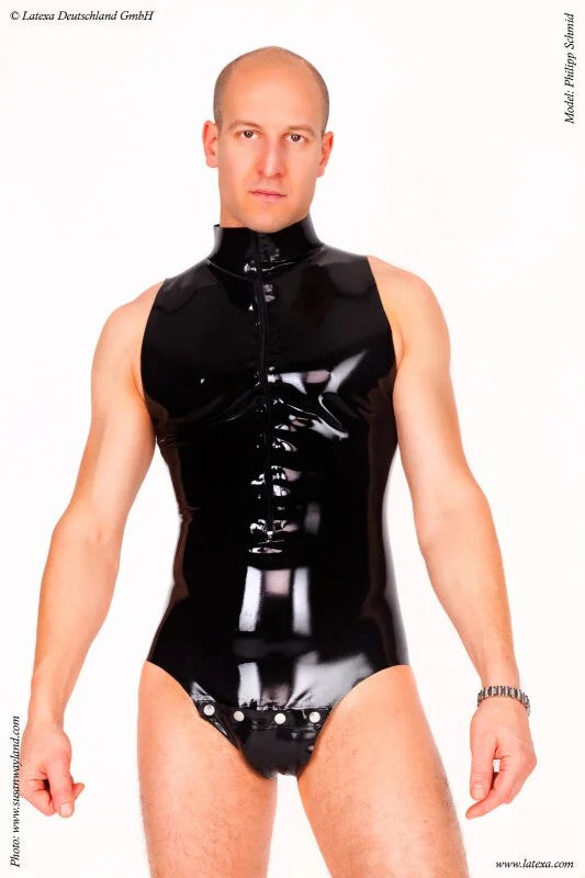 SleevelessLatexbodyformenwithsmallstand-upcollar