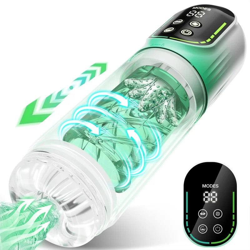 SuperLove5in1PowerfulSucking,Licking,Thrusting,Rotating&VibratingMasturbatorGreen
