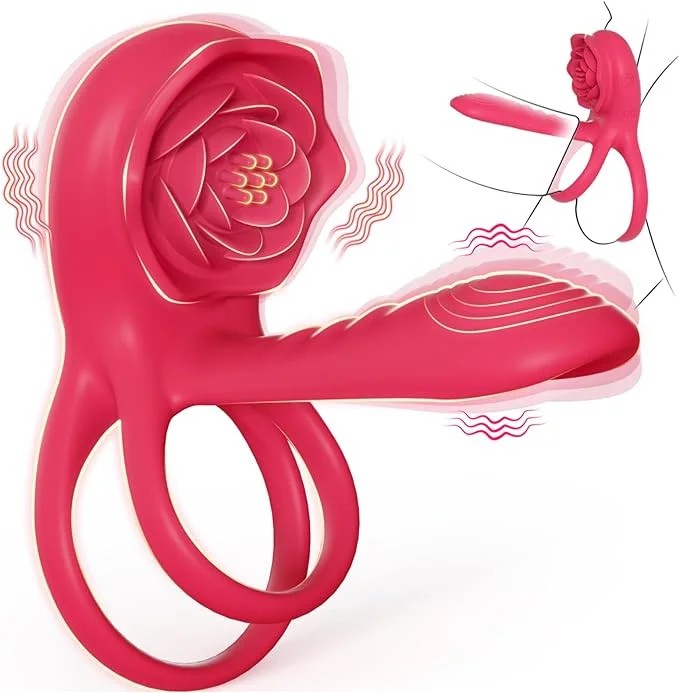 SuperLoveVibratingCockRingSleevewithRoseClitoralStimulatorRed