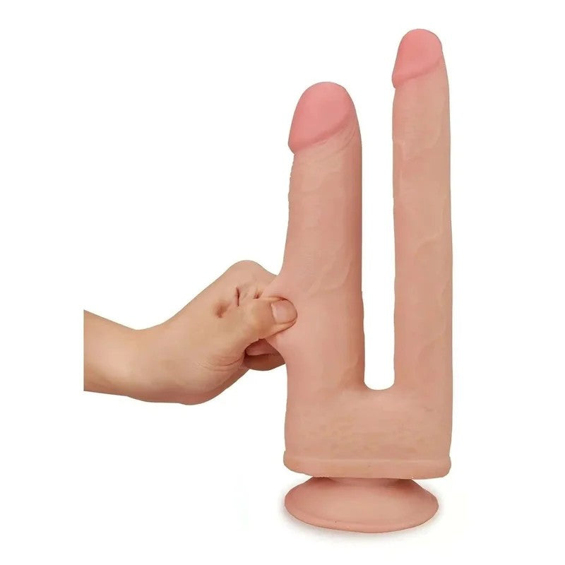 ZusammenklappbarerDoppelpenetrationsdildomitSaugnapf–DualLayer,FleshPink