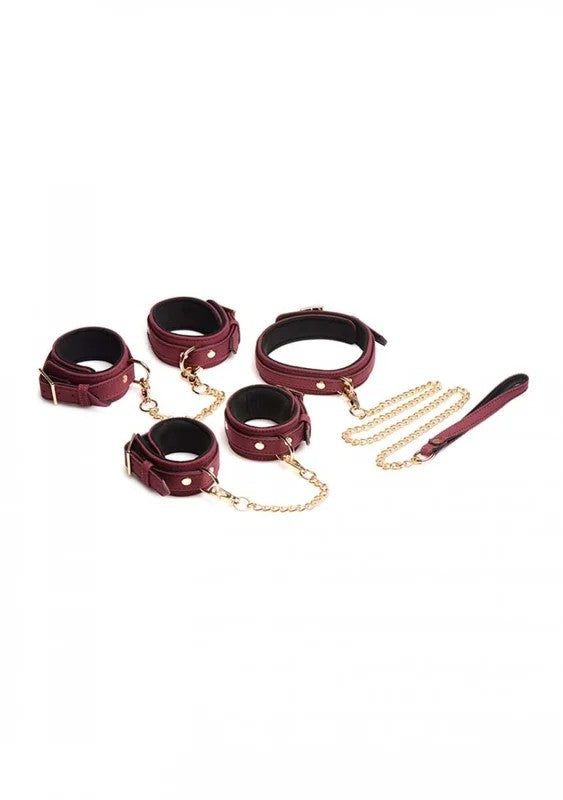6PieceVelvetBondageSetBurgundyCuffs,Collar,&Leash