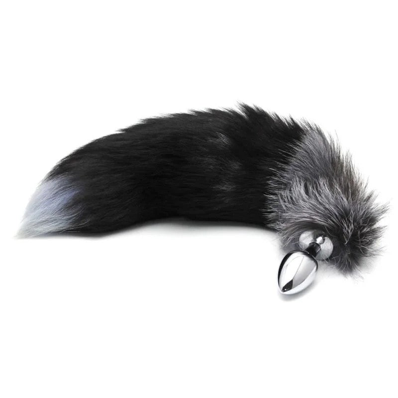 Analplug„Black&WhiteFoxTailM“ausMetallmitSchweifamStopper