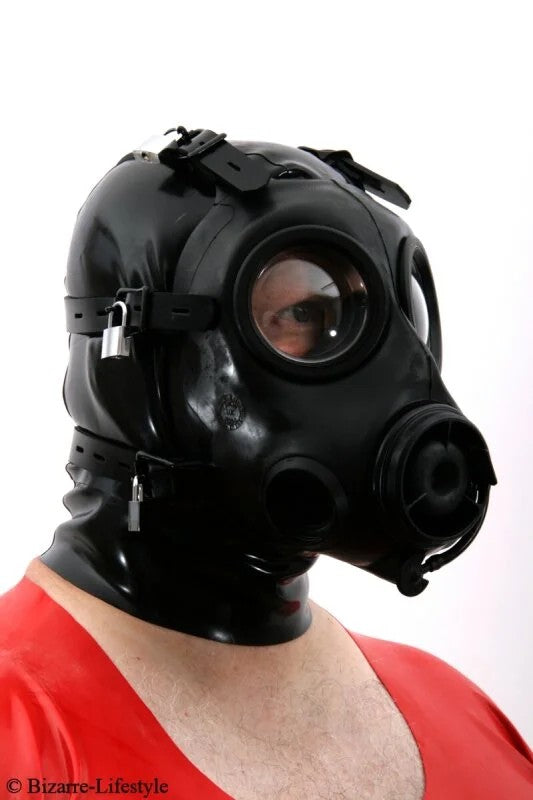 BritishFM12bondagegasmaskwithhoodandfilter-hoseconnectiononbothsides
