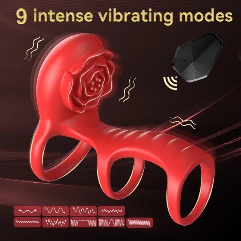 DreifacherPenisringmitRosen-Klitoris-Stimulation–Vibrations-SexspielzeugausSilikonfürPaare