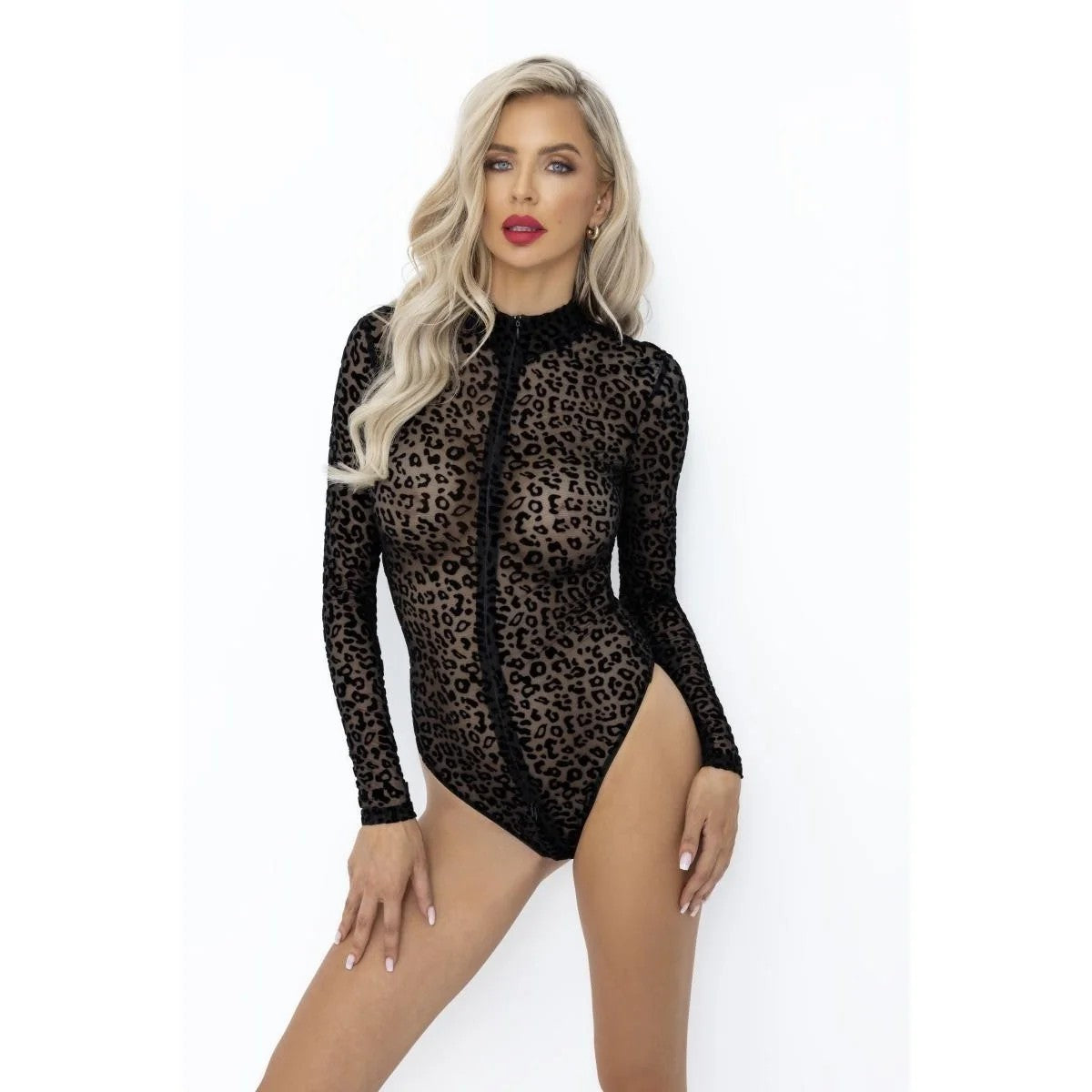 F287LEOPARDENFLOCKBODYSUITMITLANGENÄRMELNVONNOIRHANDMADE