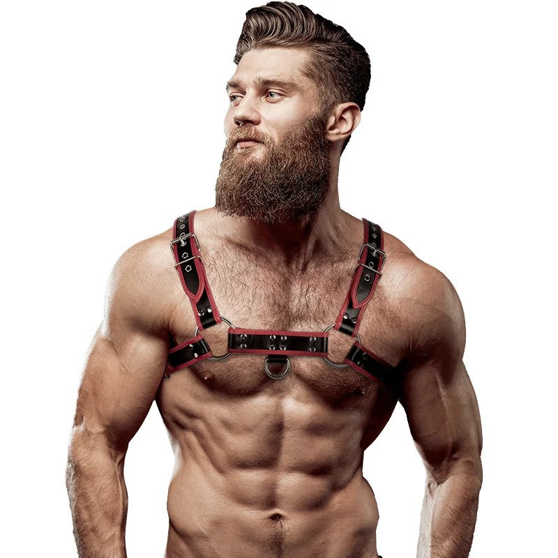 FetishSubmissiveAttitude–EcoLeatherChestStrapHarnessMenBlack/RedOS