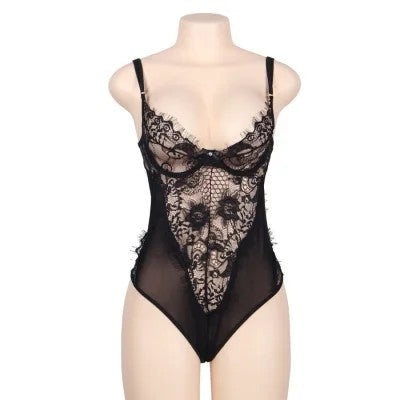FloralLaceUndFringedBlackTeddy|Subblime