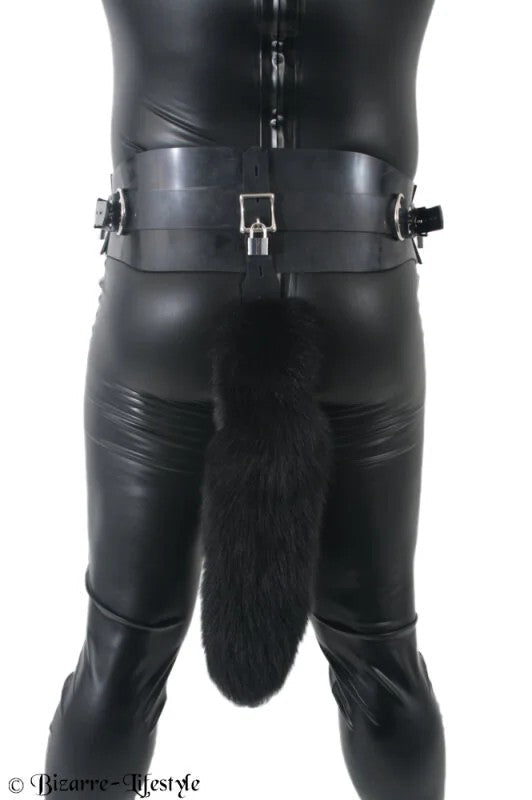 ForceddoggybeltdeluxewithfurtailoptionlockableXLblackwithwhitetopnotlockableFrontopennotmodifiedwithoutlocks