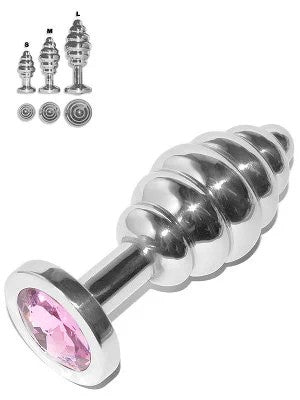 GroovedRosebudEdelstahlButtplugmitrosaKristall–Small