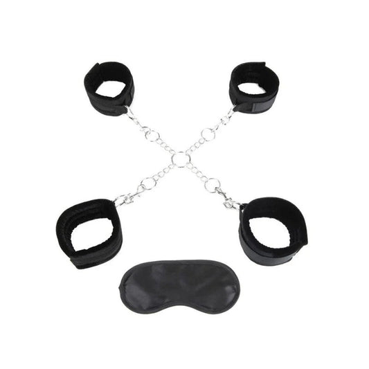 Hogtie„LuxFetish“Handgelenk-undFussgelenkmanschetten–mitSchnellverschlussclips&SatinAugenbinde(schwarz)