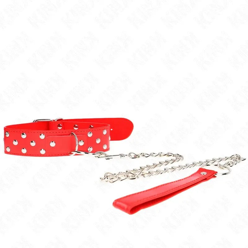 KINK–RINGNIETENBANDHALSKETTEMITGÜRTEL65CMROTVERSTELLBAR36-50CMX3,8CM