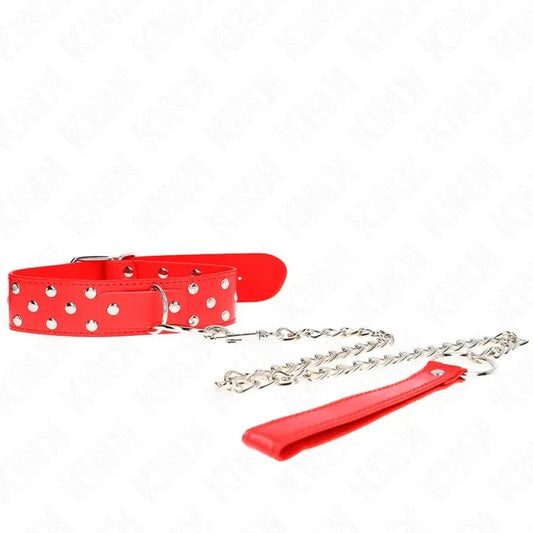 KINK–RINGNIETENBANDHALSKETTEMITGÜRTEL65CMROTVERSTELLBAR36-50CMX3,8CM
