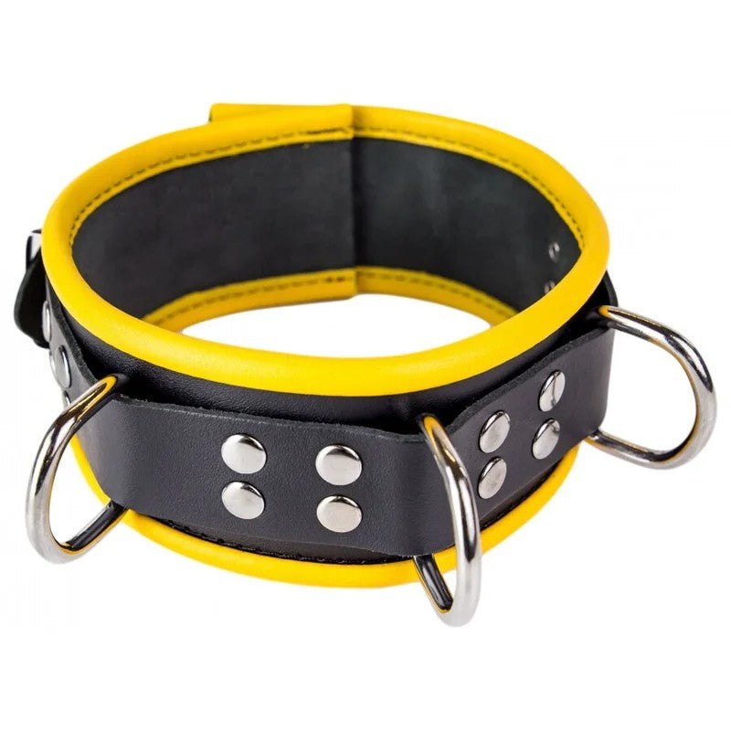 LeatherNecklace3RingsDBlack-Yellow