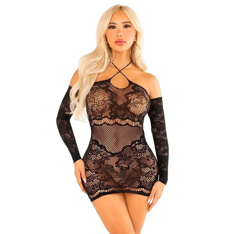LEGAVENUE–OFF-SHOULDER-MINIKLEIDMITLANGENÄRMELNAUSMESHINSCHWARZ