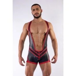 MisterBNeoprenWrestlingSuitOpenBackSchwarzRot