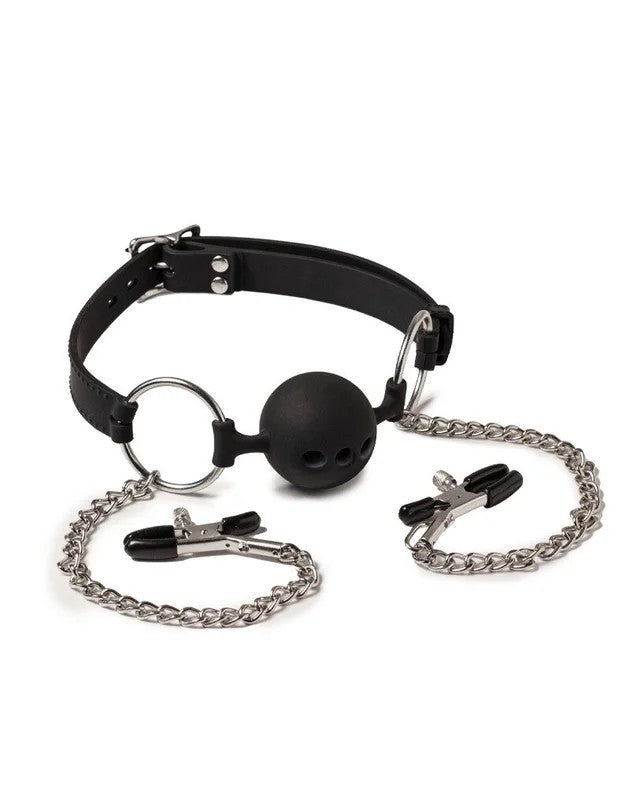 RimbaLatexPlay–MouthgagwithBallandNippleClamps–Black