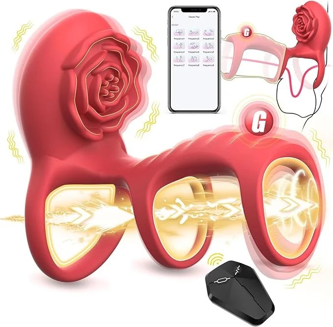 SuperLoveRoseTripleVibratingCockRingwithClitoral&G-SpotStimulation&RemoteRed
