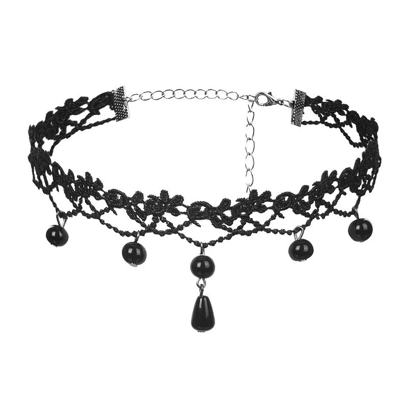 SuperLoveSexyLaceFloralBeadPendantChokerBlack