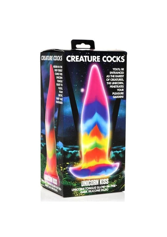 UnicornTongueGlowintheDarkSiliconeDildoRainbow21,3cm
